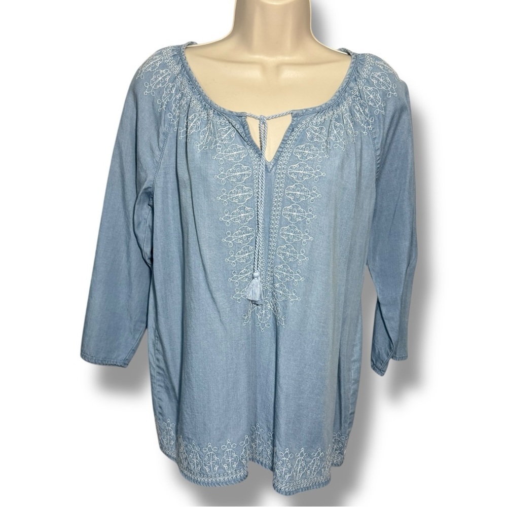 J. Jill Women's Tencel Embroidered 3/4 Sleeve Top Chambray Size XS